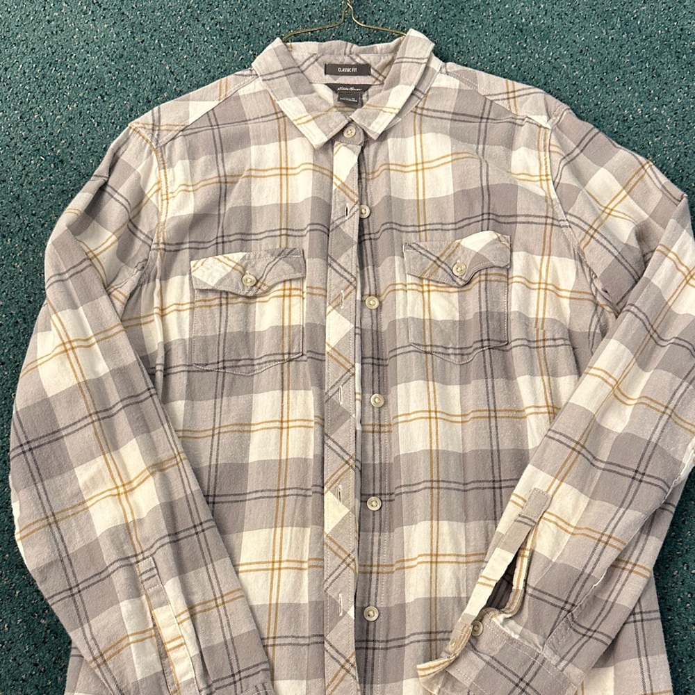 Eddie Bauer Women’s Classic Fit Flannel Grey White Gold Medium